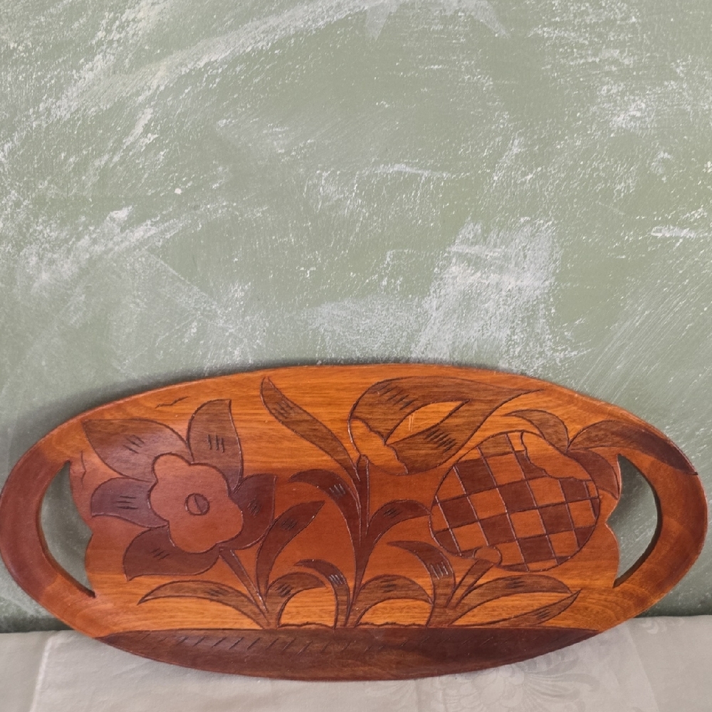 Vintage Hand-Carved Wooden Serving Tray with Floral Design - Carved On Both